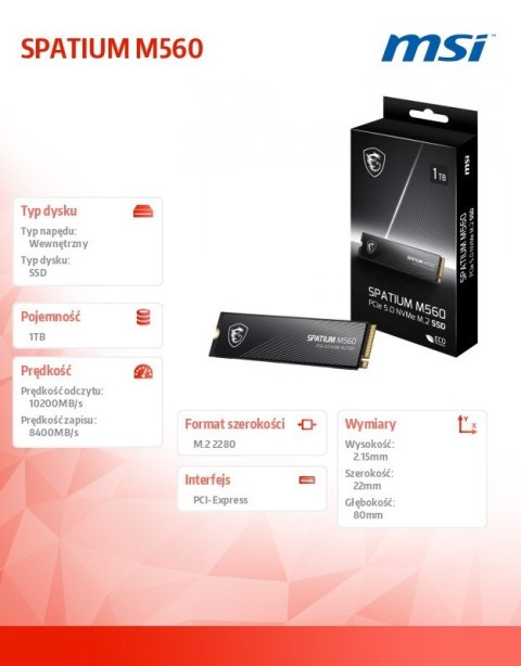 Dysk SSD SPATIUM M560 1TB M.2 PCIe 5.0 10200/8400MB/s Dysk SSD SPATIUM M560 1TB M.2 PCIe 5.0 10200/8400MB/s