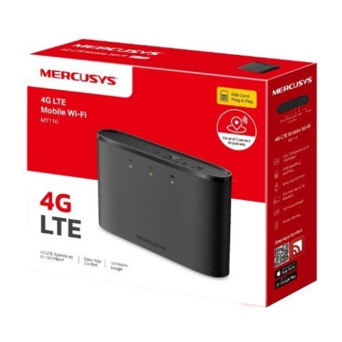 Hotspot przenośny Mercusys 4G LTE 150Mbps 4G LTE Mobile Wi-Fi Build-In 150Mbps 4G LTE Mode SPEED: 150 Mbps at 2.4 GHz, 4G Cat4 1