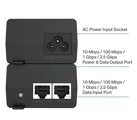 Injector Adapter Omada 2.5G PoE+ PORT: 1× 2.5G PoE Port, 1× 2.5G Non-PoE Port Injector Adapter Omada 2.5G PoE+ PORT: 1× 2.5G PoE Port, 1× 2.5G Non-PoE Port