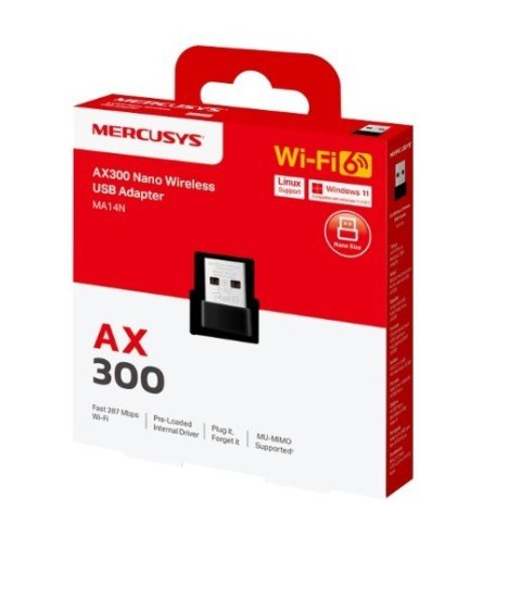 Karta sieciowa Mercusys AX300 NanoWi-Fi USB Adapter SPEED: 287 Mbps at 2.4 GHz Karta sieciowa Mercusys AX300 NanoWi-Fi USB Adapter SPEED: 287 Mbps at 2.4 GHz