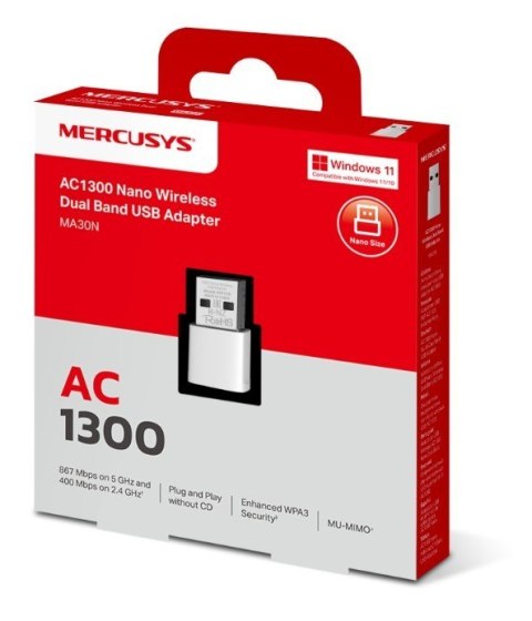 Karta sieciowa Mercusys AC1300 Nano Wireless Dual Band USB Adapter SPEED: 400 Mbps at 2.4 GHz + 867 Mbps at 5 GHz Karta sieciowa Mercusys AC1300 Nano Wireless Dual Band USB Adapter SPEED: 400 Mbps at 2.4 GHz + 867 Mbps at 5 GHz