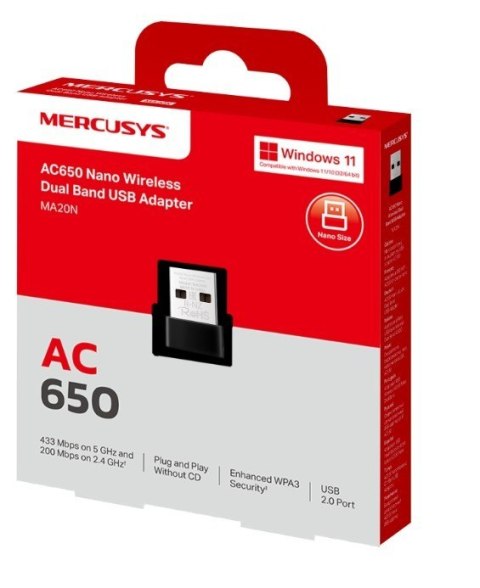 Karta sieciowa Mercusys AC650 Nano Wi-Fi USB Adapter SPEED: 200 Mbps at 2.4 GHz + 433 Mbps at 5 GHz Karta sieciowa Mercusys AC650 Nano Wi-Fi USB Adapter SPEED: 200 Mbps at 2.4 GHz + 433 Mbps at 5 GHz