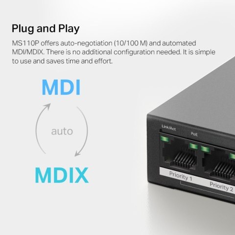 Przełącznik Mercusys 10-Port 10/100Mbps Desktop Switch with 8-Port PoE+ PORT: 8× 10/100 Mbps PoE+ Ports, 2× 10/100 Mbps Non-