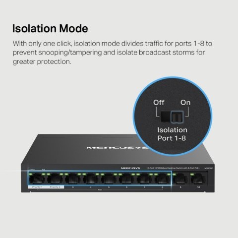 Przełącznik Mercusys 10-Port 10/100Mbps Desktop Switch with 8-Port PoE+ PORT: 8× 10/100 Mbps PoE+ Ports, 2× 10/100 Mbps Non-