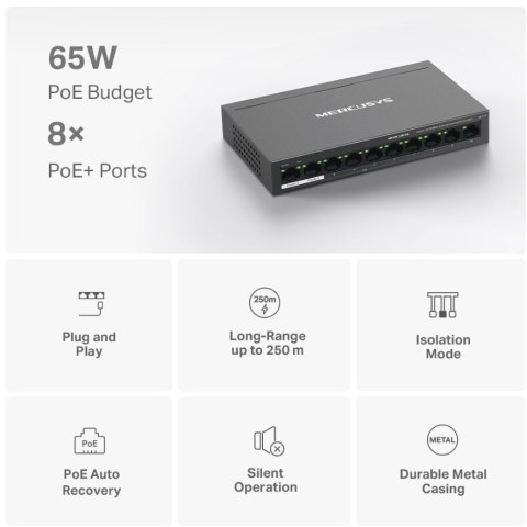 Przełącznik Mercusys 10-Port 10/100Mbps Desktop Switch with 8-Port PoE+ PORT: 8× 10/100 Mbps PoE+ Ports, 2× 10/100 Mbps Non-