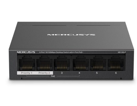 Przełącznik Mercusys 6-Port 10/100 Mbps Desktop Switch with 4-Port PoE+ PORT: 4× 10/100 Mbps PoE+ Ports, 2× 10/100 Mbps Non-