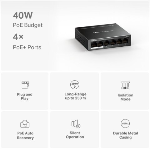Przełącznik Mercusys 6-Port 10/100 Mbps Desktop Switch with 4-Port PoE+ PORT: 4× 10/100 Mbps PoE+ Ports, 2× 10/100 Mbps Non-