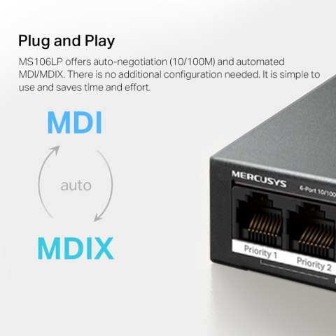 Przełącznik Mercusys 6-Port 10/100 Mbps Desktop Switch with 4-Port PoE+ PORT: 4× 10/100 Mbps PoE+ Ports, 2× 10/100 Mbps Non-