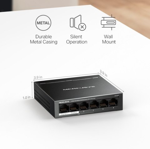 Przełącznik Mercusys 6-Port 10/100 Mbps Desktop Switch with 4-Port PoE+ PORT: 4× 10/100 Mbps PoE+ Ports, 2× 10/100 Mbps Non-