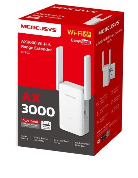 Wzmacniacz sieci bezprzewodowej uniwersalny Mercusys AX3000 Wi-Fi 574 Mbps at 2.4 GHz + 2402 Mbps at 5 GHz Wzmacniacz sieci bezprzewodowej uniwersalny Mercusys AX3000 Wi-Fi 574 Mbps at 2.4 GHz + 2402 Mbps at 5 GHz
