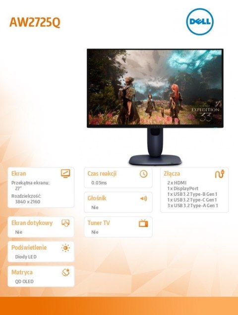 Monitor Alienware AW2725Q 27.0 cali NVIDIA G-Sync Compatible 4K QD-OLED 240Hz/ DP/2xHDMI/USBC/3XUSB/3Y