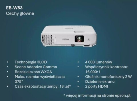 Projektor EB-W53 3LCD/WXGA/4000L/16k:1/HDMI