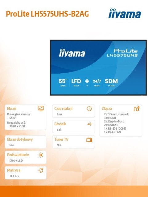 Monitor 55 cali LH5575UHS-B2AG,24/7,IPS,ANDROID.11,4K, WiFi, iiSignage2, FailOver, EShare, 24/7, full daisy chain
