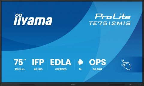 Monitor 75 cali TE7512MIS-B4AG 40pkt,IPS,4K,24/7,7H, ANDROID 14, RK3576, 8/128GB, EDLA, Essential