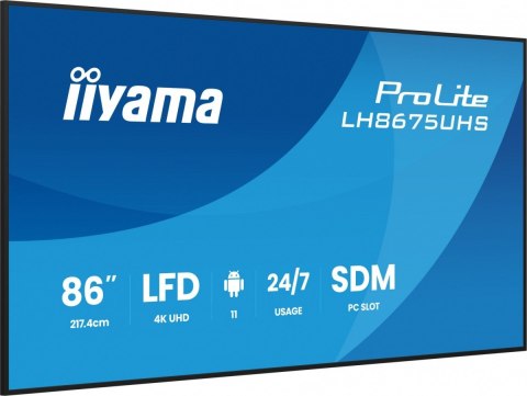 Monitor 86 cali LH8675UHS-B2AG,24/7,IPS,ANDROID.11,4K, WiFi, iiSignage2, FailOver, EShare, 24/7, full daisy chain