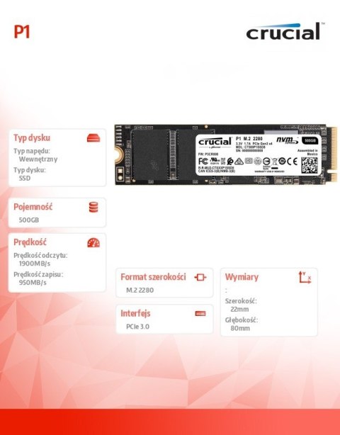 Dysk SSD P1 500GB M.2 PCIe NVMe 2280 1900/950MB/s Dysk SSD P1 500GB M.2 PCIe NVMe 2280 1900/950MB/s