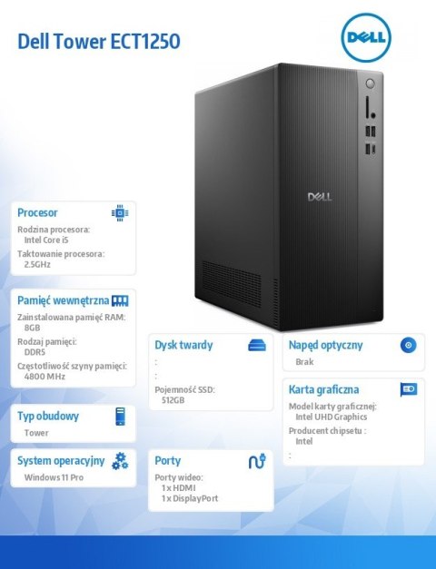 Komputer Dell Tower ECT1250 Win11Pro i5-14400/8GB/512GB SSD/UHD 730/WLAN + BT/Wireless Kb & Mouse/3YPS Komputer Dell Tower ECT1250 Win11Pro i5-14400/8GB/512GB SSD/UHD 730/WLAN + BT/Wireless Kb & Mouse/3YPS