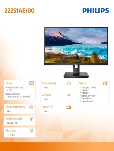 Monitor 222S1AE 21.5 cala IPS DVI HDMI DP Pivot Monitor 222S1AE 21.5 cala IPS DVI HDMI DP Pivot