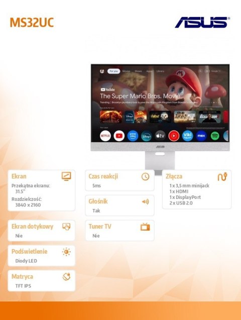Monitor 31.5 cala MS32UC SMARTV UHD IPS USB-C HDMI DP
