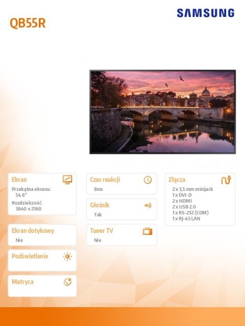 Monitor profesjonalny QB55R 55 cali Błyszczący 16h/7 350(cd/m2) 3840x2160 (UHD) S6 Player (Tizen 4.0) Wi-Fi/BT 3 lata d2d (LH55 Monitor profesjonalny QB55R 55 cali Błyszczący 16h/7 350(cd/m2) 3840x2160 (UHD) S6 Player (Tizen 4.0) Wi-Fi/BT 3 lata d2d (LH55