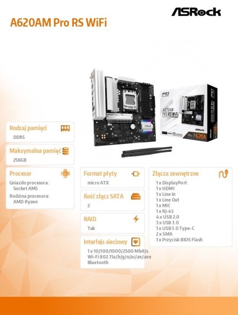 Płyta główna A620AM PRO RS WIFI AM5 4DDR5 HDMI/DP M.2 mATX Płyta główna A620AM PRO RS WIFI AM5 4DDR5 HDMI/DP M.2 mATX