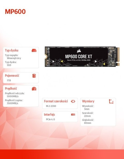 Dysk SSD 1TB MP600 CORE XT 5000/3500 MB/s M.2 NVMe PCIe Gen4 x4 Dysk SSD 1TB MP600 CORE XT 5000/3500 MB/s M.2 NVMe PCIe Gen4 x4