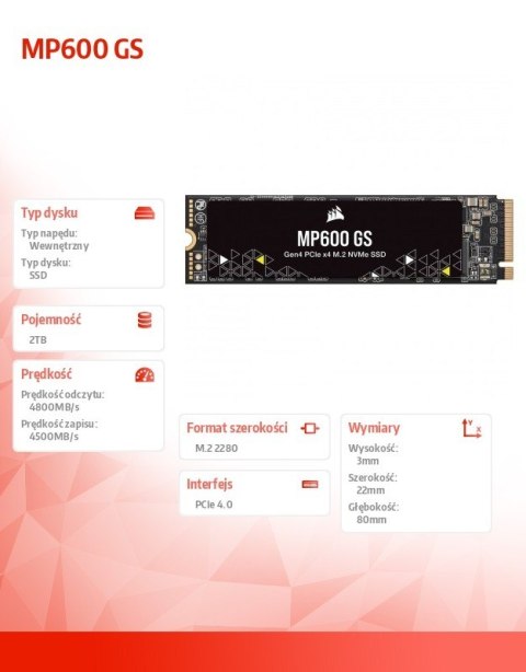 Dysk SSD 2TB MP600 GS 4800/4500 MB/s M.2 Gen4 PCIe x4 NVMe 1.4 Dysk SSD 2TB MP600 GS 4800/4500 MB/s M.2 Gen4 PCIe x4 NVMe 1.4