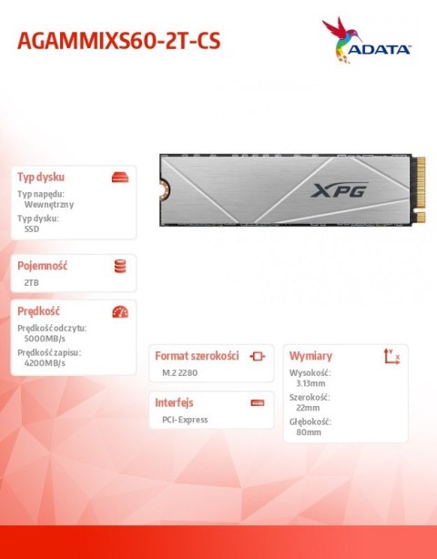 Dysk SSD XPG S60 2TB PCIe 4x4 5/4.2GB/s M2 Dysk SSD XPG S60 2TB PCIe 4x4 5/4.2GB/s M2