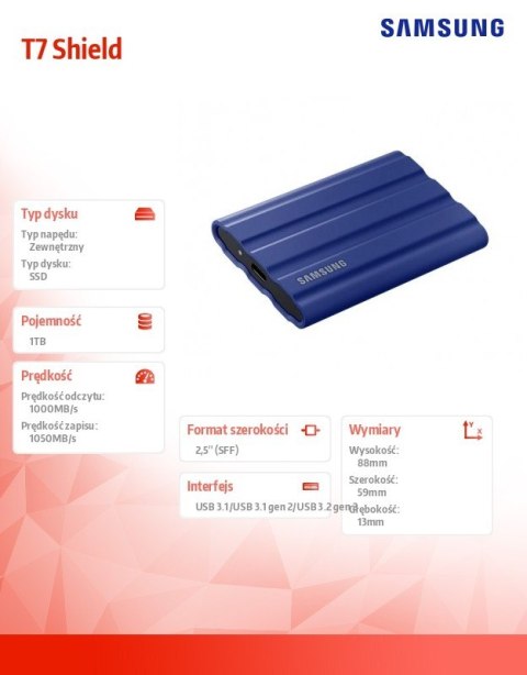 Dysk SSD T7 Shield 1TB USB 3.2, niebieski Dysk SSD T7 Shield 1TB USB 3.2, niebieski