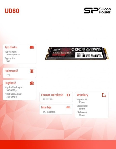 Dysk SSD UD80 1TB PCIe M.2 2280 Gen 3x4 3400/3000 MB/s Dysk SSD UD80 1TB PCIe M.2 2280 Gen 3x4 3400/3000 MB/s