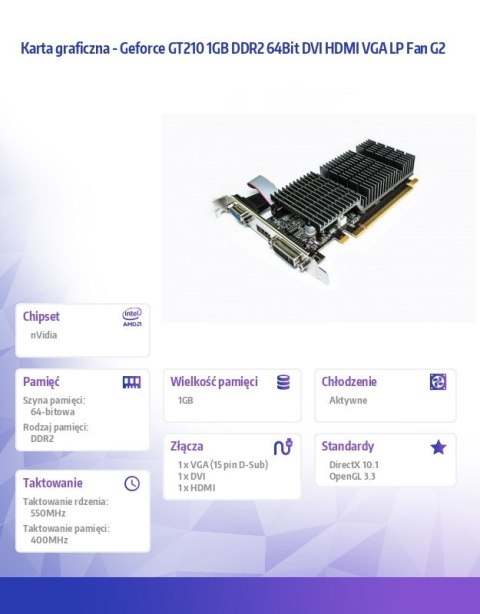 Karta graficzna Geforce GT210 1GB DDR2 64Bit DVI HDMI VGA Passive G2 Karta graficzna Geforce GT210 1GB DDR2 64Bit DVI HDMI VGA Passive G2