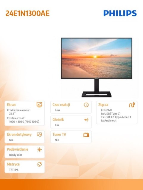 Monitor 24E1N1300AE 23.8 cala IPS 100Hz HDMI USB-C HAS Głośniki Monitor 24E1N1300AE 23.8 cala IPS 100Hz HDMI USB-C HAS Głośniki