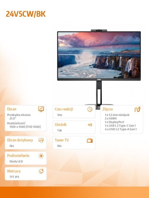 Monitor 24V5CW 23.8 cali IPS HDMI DP USB-C Pivot Kamera Monitor 24V5CW 23.8 cali IPS HDMI DP USB-C Pivot Kamera