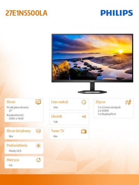 Monitor 27 cali 27E1N5500LA VA HDMIx2 DP Pivot Głośniki Monitor 27 cali 27E1N5500LA VA HDMIx2 DP Pivot Głośniki