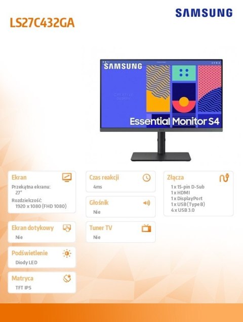 Monitor 27 cali C432 IPS 1920x1080 FHD 16:9 1xD-sub 1xHDMI 1xDP 4xUSB 3.0 4ms 100Hz HAS+PIVOT płaski 3YOn-Site Monitor 27 cali C432 IPS 1920x1080 FHD 16:9 1xD-sub 1xHDMI 1xDP 4xUSB 3.0 4ms 100Hz HAS+PIVOT płaski 3YOn-Site