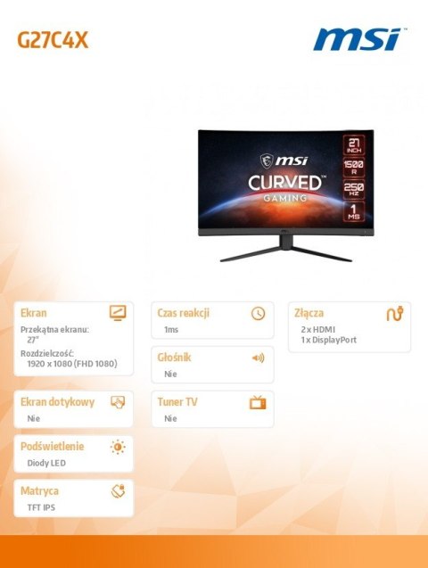 Monitor 27 cali G27C4X VA CURVED/LED/FHD/NonTouch/250Hz