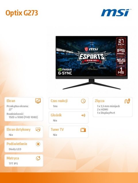 Monitor 27 cali Optix G273 IPS/FHD/165Hz Monitor 27 cali Optix G273 IPS/FHD/165Hz
