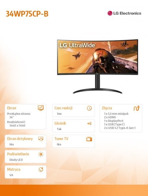 Monitor 34WP75CP-B 34 cale 21:9 UltraWide QHD VA Zakrzywiony Monitor 34WP75CP-B 34 cale 21:9 UltraWide QHD VA Zakrzywiony