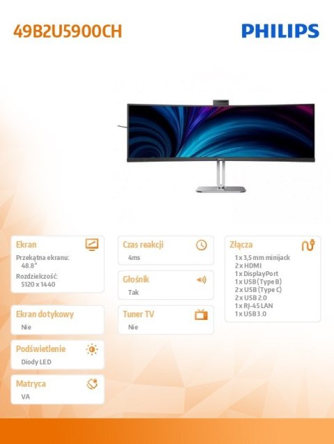 Monitor 49B2U5900CH 49 cali Curved VA HDMIx2 DP USB-C RJ45 KVM HAS Kamera Głośniki Monitor 49B2U5900CH 49 cali Curved VA HDMIx2 DP USB-C RJ45 KVM HAS Kamera Głośniki
