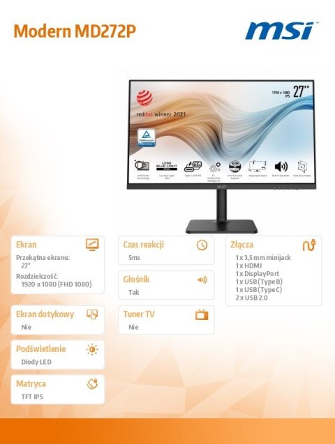 Monitor Modern MD272P 27 cali IPS/LED/FHD/4ms/75Hz Monitor Modern MD272P 27 cali IPS/LED/FHD/4ms/75Hz