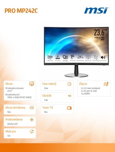 Monitor PRO MP242C 23.6 cala CURVE/VA/FHD/5ms/250nits Monitor PRO MP242C 23.6 cala CURVE/VA/FHD/5ms/250nits