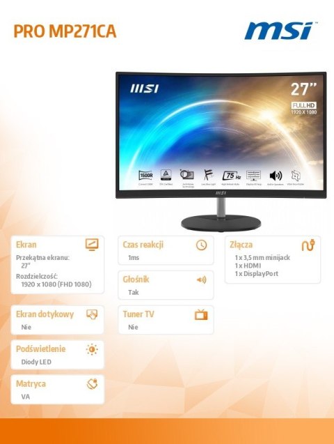 Monitor PRO MP271CA 27 cali FHD/75Hz/1ms/Zakrzywiony