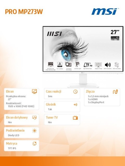 Monitor PRO MP273W 27 cali IPS /FHD/75Hz/HDMI DP/biały Monitor PRO MP273W 27 cali IPS /FHD/75Hz/HDMI DP/biały