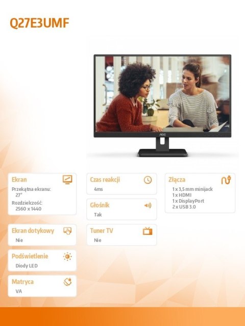 Monitor Q27E3UMF 27 cali VA HDMI DP Pivot Głośniki Monitor Q27E3UMF 27 cali VA HDMI DP Pivot Głośniki