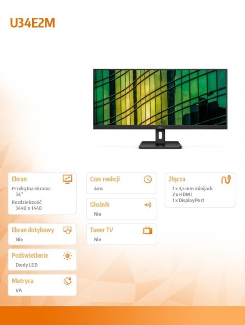 Monitor U34E2M 34 cale VA 100 Hz HDMIx2 DP Monitor U34E2M 34 cale VA 100 Hz HDMIx2 DP