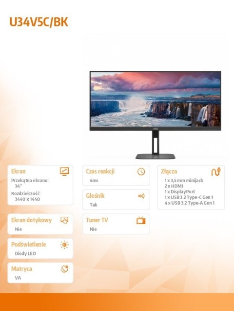 Monitor U34V5C 34 cale VA 100Hz HDMI DP USB-C HAS Monitor U34V5C 34 cale VA 100Hz HDMI DP USB-C HAS