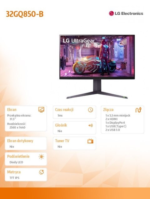 Monitor gamingowy 32GQ850-B 32 cale QHD Nano IPS UltraGear 240Hz Monitor gamingowy 32GQ850-B 32 cale QHD Nano IPS UltraGear 240Hz