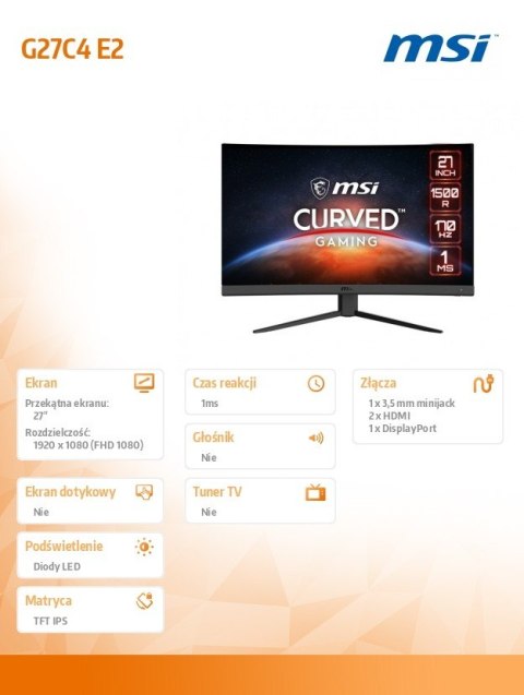 Monitor gamingowy G27C4 E2 27'' VA CURVE/LED/FHD/NonT/170Hz Monitor gamingowy G27C4 E2 27'' VA CURVE/LED/FHD/NonT/170Hz