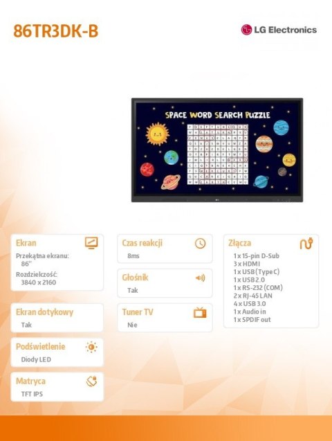 Monitor interaktywny 86 cali 86TR3DK-B 440cd/m2
