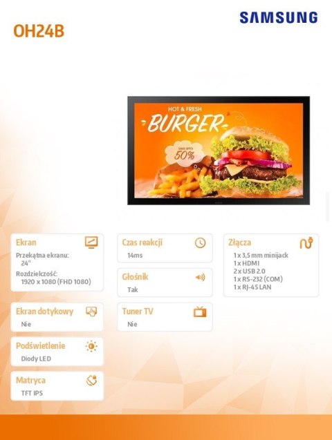 Monitor profesjonalny OH24B 24 cale matowa 24h/7 1500cd/m2 S10 Player (Tizen 6.5) 3 lata d2d (LH24OHBEBGBXEN) Monitor profesjonalny OH24B 24 cale matowa 24h/7 1500cd/m2 S10 Player (Tizen 6.5) 3 lata d2d (LH24OHBEBGBXEN)